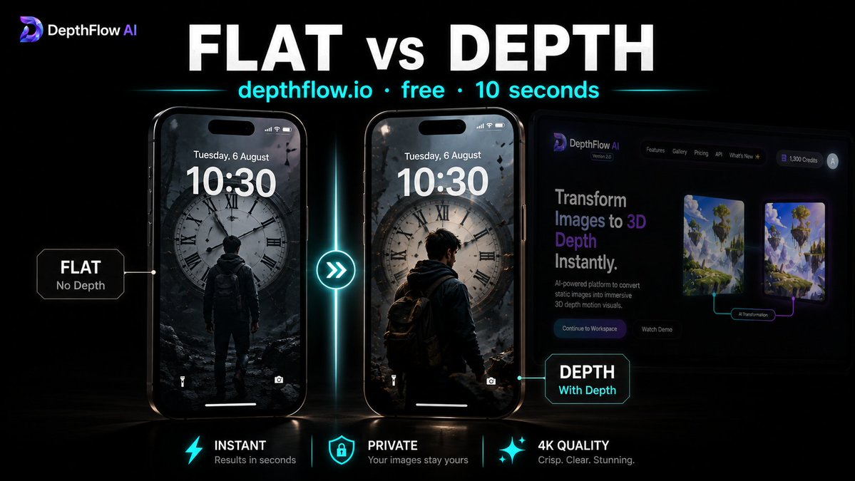 depthflow_ai's tweet photo. Your lock screen photo is hiding behind the clock because your phone thinks it's flat.

Give it depth and the subject moves in front instead.

Any photo → https://t.co/4BPNKaBp1X → set as wallpaper. 10 seconds, free. 📱

Try it on a photo of your dog. Trust me.

#Wallpaper https://t.co/PA3ZD6IbXi