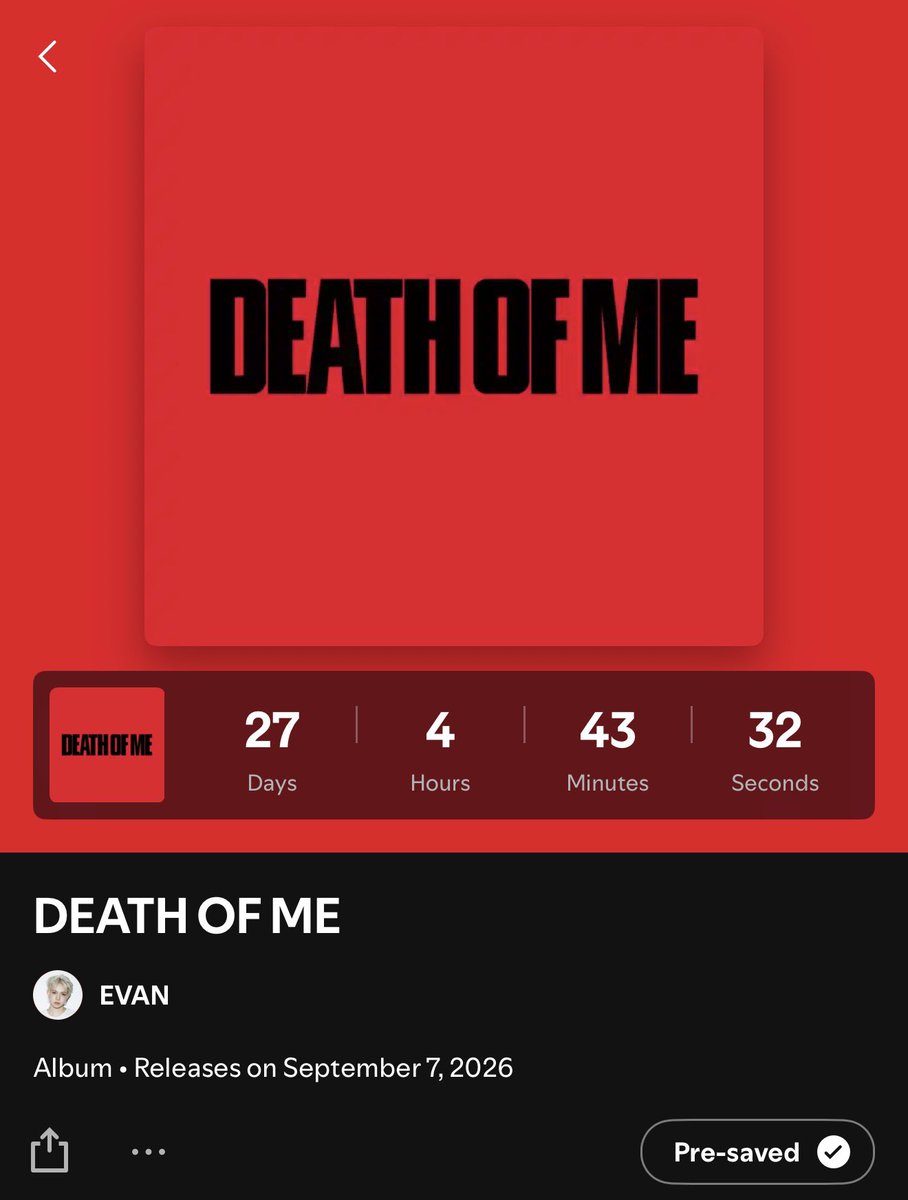 EVANStreamingTH's tweet photo. [🎧] Pre-Save Album ‘DEATH OF ME’ บน Spotify

ตอนนี้ช่อง EVAN บน Spotify เปิดให้กด Pre-Save เรียบร้อยแล้วนะคะ ✨✅ 

โดยทั้งหมดมีจำนวน 8 Tracks ด้วยกัน ซึ่งจะปล่อยในวันที่ 7 กันยายน 2569 เวลา 16.00 น. ไทย

🧷: https://t.co/BSliBEmUAL

เอเวอร์ไปกด Pre-Save กันเยอะ ๆ นะคะ~ 

#EvanOnRepeat #EVAN #에반
#DEATH_OF_ME