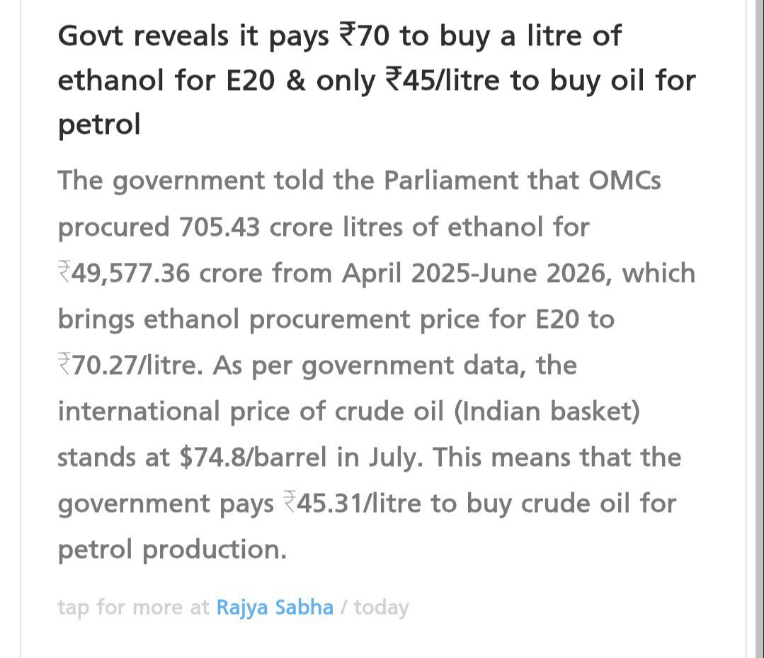 LokParitraan's tweet photo. @Neha_S_Patel Can someone explain this?

Subsidised rice getting allocated for Ethanol production.

Rice getting costilier in Domestic market.

Subsidised rice getting allocated at 40℅ of the price.

Ethanol getting costlier. 

How does this work out? https://t.co/NTtj67GqKc
