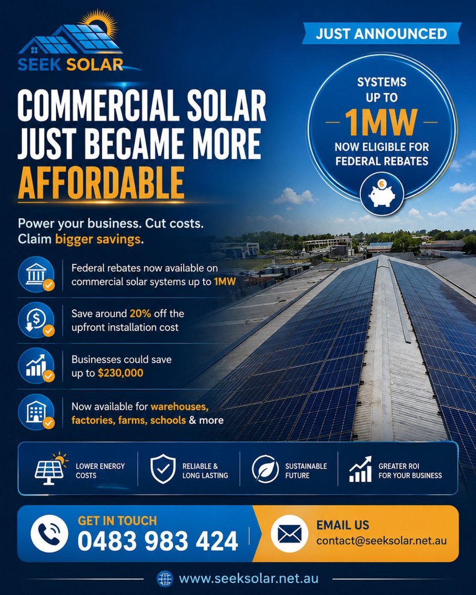 seek_solar's tweet photo. Commercial solar just became more affordable! ☀️

Systems up to 1MW may now be eligible for federal rebates.

💰 Potentially save ~20% upfront
📈 Businesses could save up to $230K*

🌐 https://t.co/Oye066mVev

#SeekSolar #CommercialSolar #SolarRebates #BusinessSolar https://t.co/s04hNfTflh