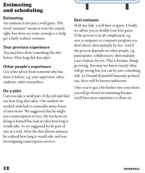 ithinkwellHugh's tweet photo. You’re probably thinking, “But I haven’t got a clue how long any of these stages will take. I’ve never done a PhD before”. That’s OK. There are two other project management tools that can help – estimating and scheduling. From: https://t.co/NAloh2pu5j
#PhDforum https://t.co/BI9aMU6RJh