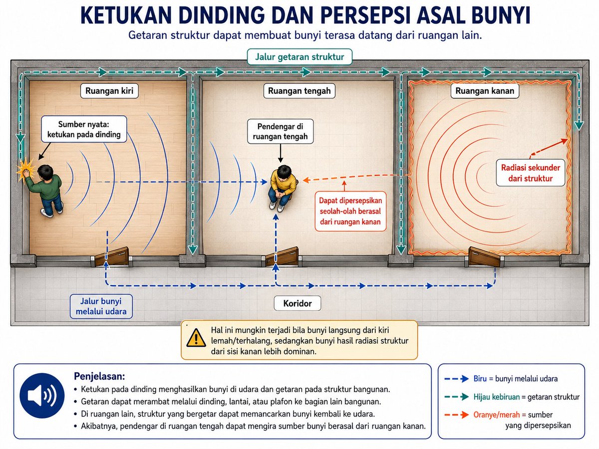 afrkml's tweet photo. FYI, suara ketukan tembok, meja digeser, langkah kaki, dll yg terdengar dari kamar kosong belum tentu ulah SETAN loh. Ada penjelasan ilmiahnya haha

Klo km ngalamin ini, utas ini bisa bantu biar kamu ga takut lg (klo takut) hahaha

Intinya adalah ketukan/kontak pd bangunan ngehasilin 2 jalur energi sekaligus:
- bunyi melalui udara
- getaran lewat struktur bangunan