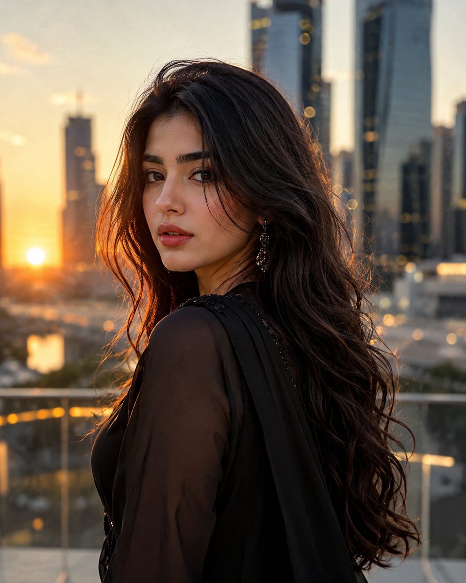 Elegant Woman at Golden Hour in Modern City