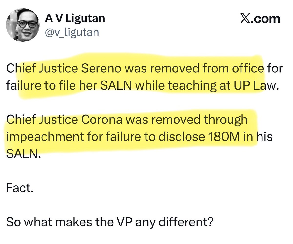 nabunturanguy's tweet photo. Dalawang Supreme Court Justices, removed from office because of impropriety in the filing (or not) of their SALN! It’s about time an arrogant, incompetent and corrupt vice president is convicted in the impeachment court! WE FILIPINOS DESERVE BETTER! https://t.co/59Fz7UAYqs