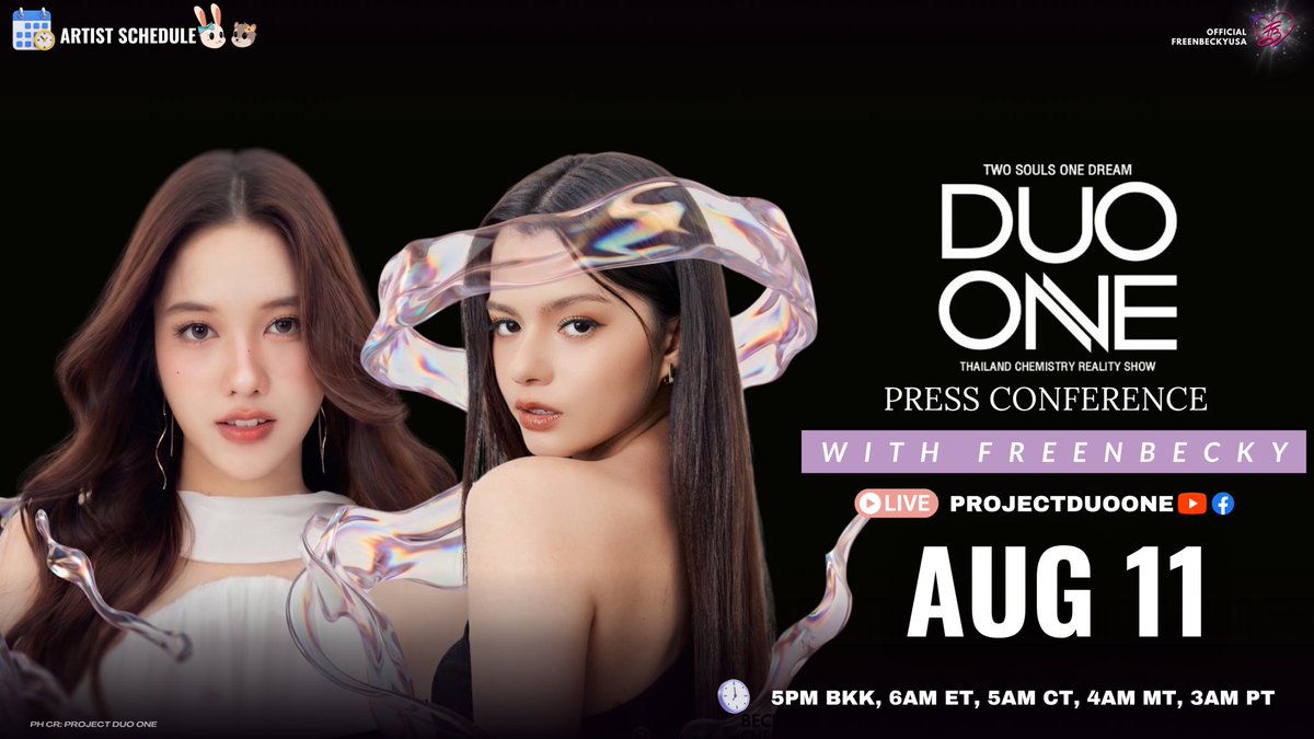 officialFBUS's tweet photo. 📣 𝗦𝗖𝗛𝗘𝗗𝗨𝗟𝗘 𝗧𝗢𝗗𝗔𝗬

FreenBecky x Project DUO ONE Press Conference 🌷🪽✨

📅 August 11th, 2026
🕑 5 PM - 6 PM (ICT)
📍 One Bangkok Forum, 2 FL & 
📺LIVE: YouTube- PROJECT DUO ONE, AmarinTV
📺 FB- PROJECT DUO ONE, AmarinTV
🌟 Trending starts at 4:30 PM BKK; 5:30 AM ET 🇺🇸🇹🇭

#PROJECTDUOONEPresscon
#แถลงข่าวเปิดตัวPROJECTDUOONE

⚠️ Fans can show support around the venue

#ฟรีนเบค #Freenbecky
#srchafreen #beckysangels