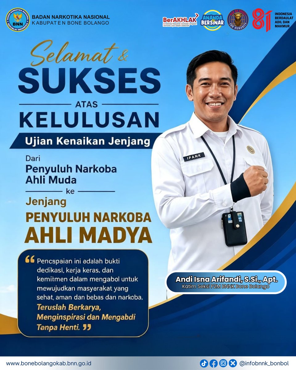 infobnnk_bonbol's tweet photo. Selamat atas kelulusan Ujian Kenaikan Jenjang dari Penyuluh Narkoba Ahli Muda menuju Penyuluh Narkoba Ahli Madya!

Pencapaian ini adalah bukti nyata dedikasi, kerja keras, dan komitmen dalam mengabdi untuk mewujudkan masyarakat yang sehat, aman, dan bebas dari narkoba. https://t.co/jWTLdVOxKG