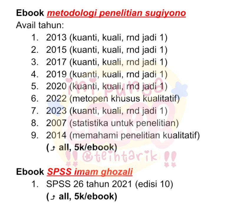 aodrable's tweet photo. ebook e book pdf metopen sugiyono 2013 2015 2017 2019 2020 2022 2022 creswell 2003 2009 2012 2013 2014 2018 2019 2022 2023

Price? 5 ribu per ebook ya! ada bundle juga lo~ selengkapnya bisa cek katalog di pinned #zonauang

wts wtb jual beli ebook pdf kotler sugiyono creswell hair https://t.co/xMFTJ4Q7FJ
