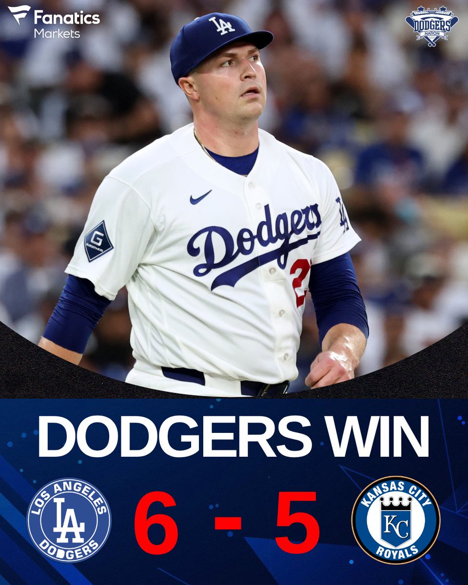 DodgersNation's tweet photo. FINAL: The Dodgers beat the Royals 6-5 to start off the week 🔥

Tarik Skubal went 5 innings in his Dodger Stadium debut, LA came back from down 3-0 and Edwin Diaz got the save.

Dodgers are 71-48 on the season. https://t.co/N72AM53TVu
