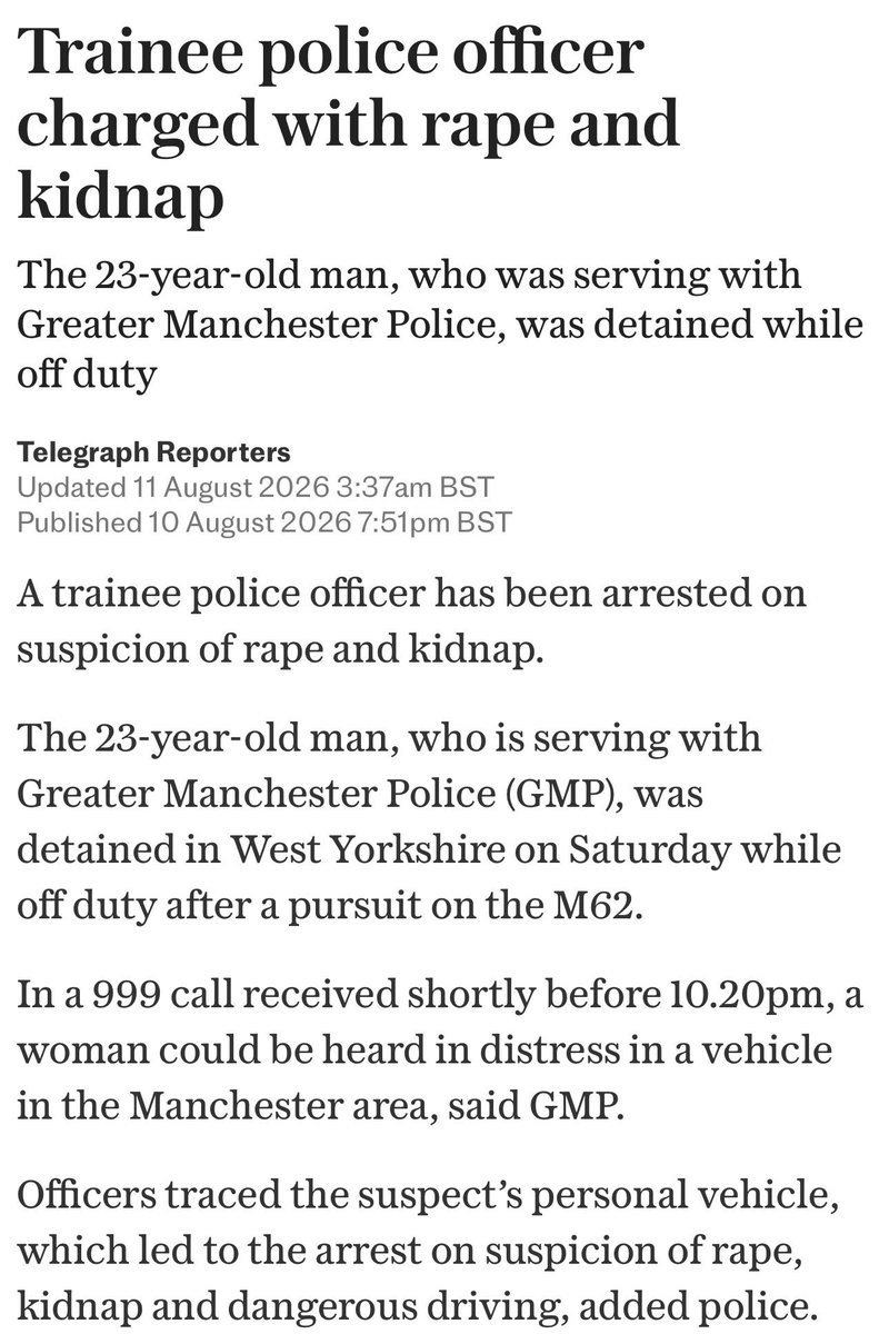 JeanHatchet's tweet photo. A trainee police officer in Manchester has been arrested on suspicion of kidnap and rape. A woman made a 999 call from his car! 

Imagine the distress she was in but also the courage it took to call 999 in the middle of it. She must have been fearing for her life. 

Think of how he might have been policing women before he was arrested. Other women may need to come forward and @gmpolice should be publicly inviting that.