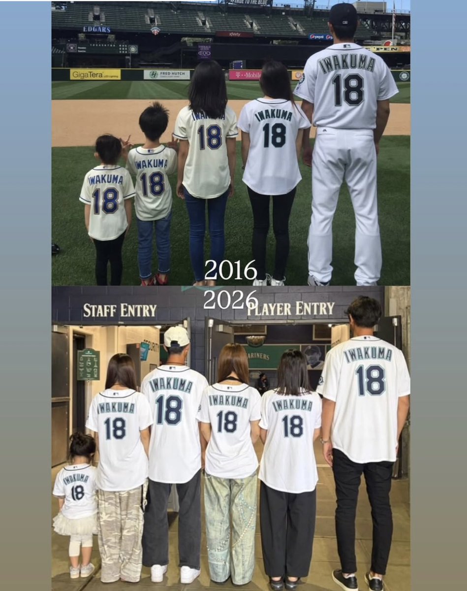 Hisashi_Iwakuma's tweet photo. マリナーズには2012年から在籍していたので、毎年夏に行われる家族行事で同じ写真を撮り続けていたのですが、今年は2026年なので10年前と比較^_^

みんな大きくなり、三女も生まれて、感慨深いです✨

#mariners50
@Mariners https://t.co/mZLeb9fCKl