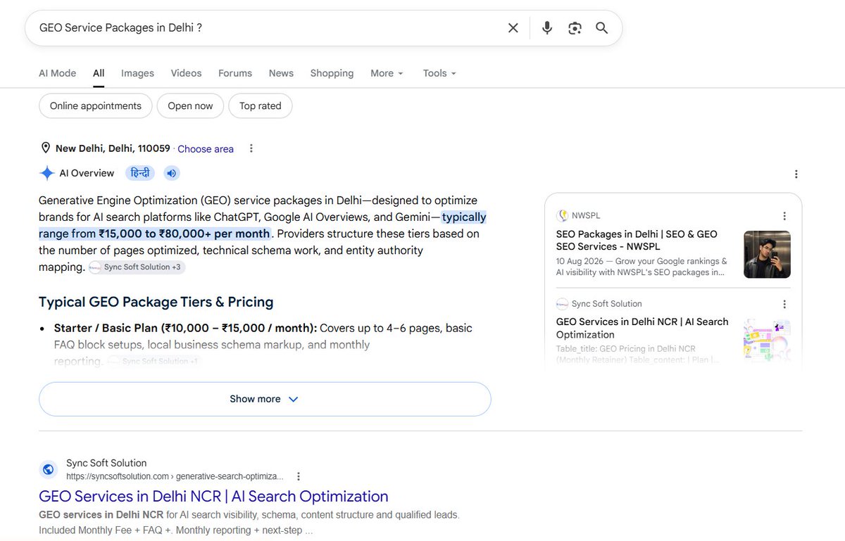 kumar98622's tweet photo. Published yesterday. Showing up on Google today. And appearing in an AI Overview. 🚀

I tested a page targeting:

“GEO Service Packages in Delhi”
#SEO #GEO #AISEO #AISearch #GoogleAIOverview https://t.co/xgTXqHliOP