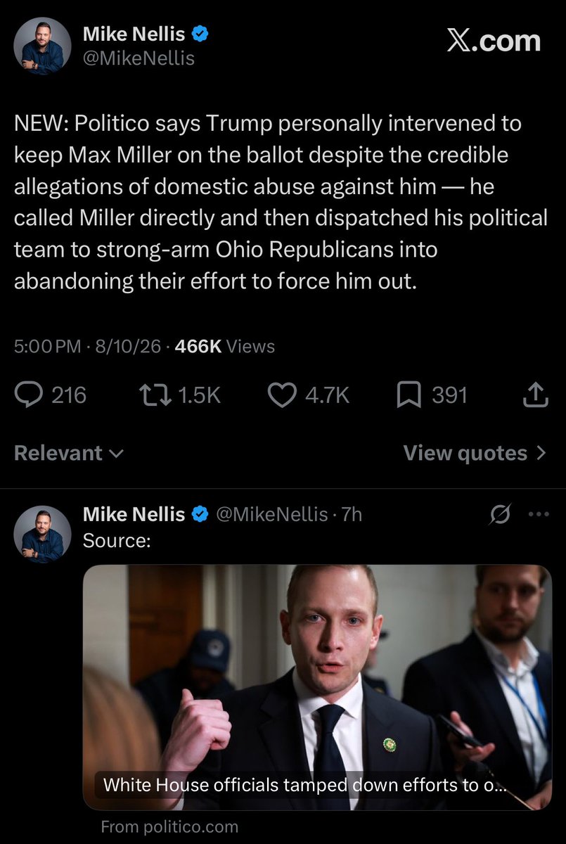 emeriticus's tweet photo. All that noise about Graham Platner from self-righteous Trump supporters, all that riding around on moral high horses—only for them to go silent when Trump personally intervenes to protect an alleged wife beater, an alleged child abuser. His team did this with Andrew Tate, too. To say the MAGA GOP cares about anything resembling virtue or family values is just so laughable, but that won’t stop them from doing it. 

These people will look you in the eye and tell you about how they’re fighting to save our “civilization” from “barbarism” while ignoring or downplaying the barbaric behavior of people like Max Miller. I spent enough time in these spaces to know that they really believe it too. They don’t see a disconnect between being part of the party that defends abusers and predators and conceiving of themselves as standing athwart “decline,” “degeneracy,” terms they can’t properly define because doing so would indict them more than anyone else.