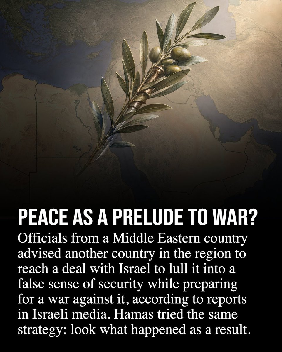realbassemeid's tweet photo. Officials from a Middle Eastern country advised another country in the region to reach a deal with Israel to lull it into a false sense of security while preparing for a war against it, according to reports 
in Israeli media. 

Hamas tried the same strategy, convincing Israel it wanted quiet while preparing for the October 7 massacre. Look what happened as a result.

For a chance at true peace in the region, all countries must accept that Israel isn't going anywhere.
