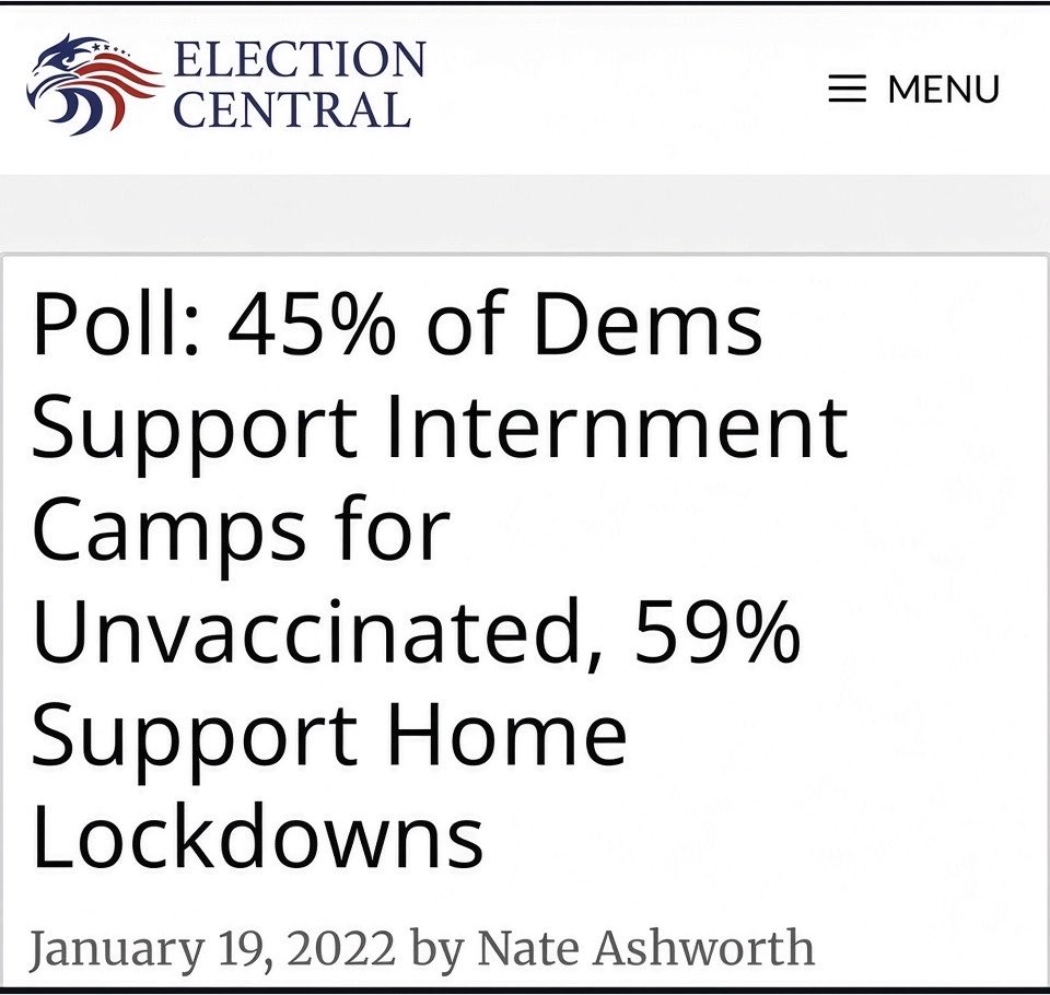 iAnonPatriot's tweet photo. People who think we can continue sharing a country with Democrats are delusional. 

Just four years ago 45% of Democrats supported putting unvaccinated Americans in “designated facilities” (internment camps), and 59% supported locking them in their homes.

And don’t forget, they imported MILLIONS of unvaccinated illegal immigrants while simultaneously advocating to lock up unvaccinated US citizens.