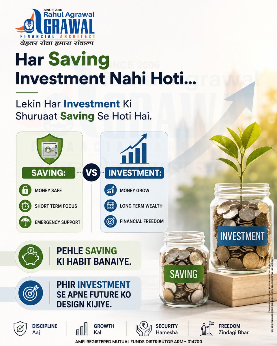 fa_rahulagrawal's tweet photo. Saving protects your money.
Investment helps your money grow. 📈
But before you start investing, build the habit of saving.
💰 Save today.
📊 Invest wisely.
🎯 Design your financial future.
#Savings #Investment #FinancialPlanning #WealthCreation https://t.co/o78RjuI6Dx