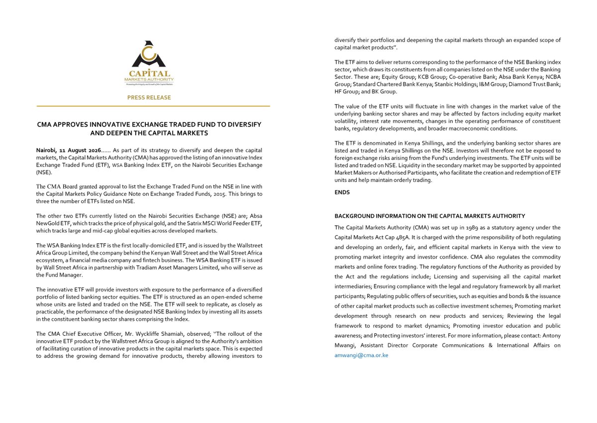 kenyanwalstreet's tweet photo. The Capital Markets Authority has approved the listing of the WSA Banking Index ETF on the NSE, making it Kenya’s first locally domiciled ETF.

The fund, issued by Wall Street Africa with Tradiam Asset Managers, will track the NSE Banking Index and give investors exposure to 11 listed banks.