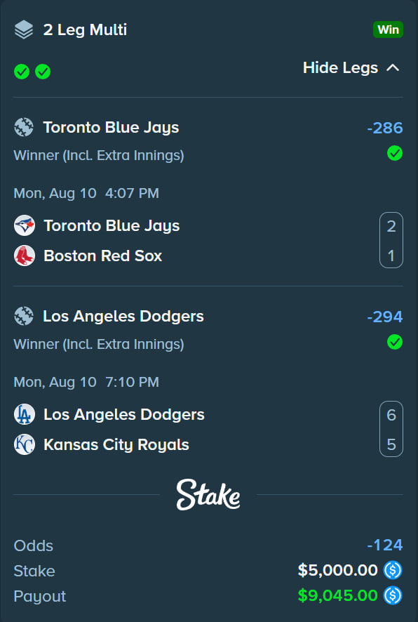 TactBets's tweet photo. Just won $9,000 on this Dodgers &amp; Blue Jays Parlay on @Stake 🔥⚾

Tipping some people who drop their Stake Username's in the comments and Follow me! ⏬ https://t.co/QNOhicWTUu
