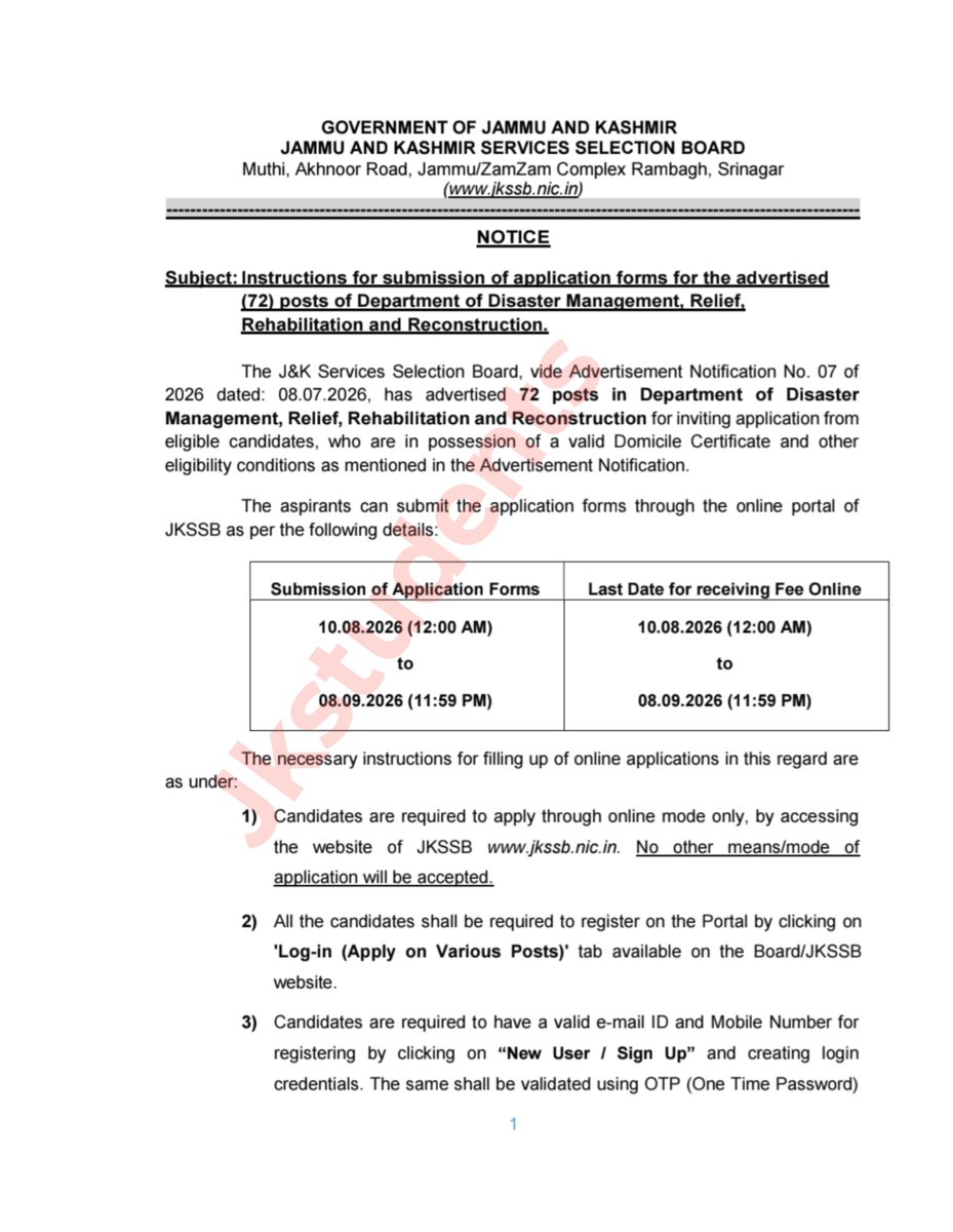 JKStudents_in's tweet photo. #JKSSB Instructions for submission of application forms for the advertised (72) posts of Department of Disaster Management, Relief, Rehabilitation and Reconstruction. https://t.co/I6vf7UWiw2