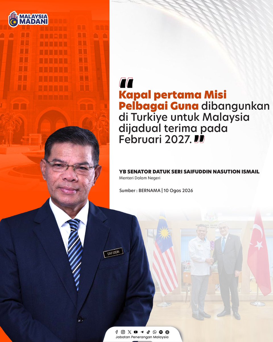 JPenerangan's tweet photo. Dua Kapal Misi Pelbagai Guna sedang dibangunkan di Turkiye bagi memperkukuh keupayaan APMM menghadapi cabaran keselamatan maritim yang semakin kompleks.

Kapal pertama dijadualkan diterima Malaysia pada Februari depan

#RancakkanMADANI
#MADANIBekerja
#TaatSetia
#JabatanPenerangan https://t.co/4wIRo4v82e