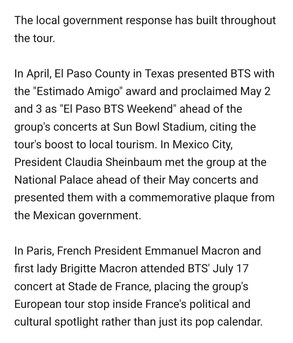 shadow_twts's tweet photo. "ARIRANG" tour is inspiring local govts. to roll out the red carpet with a series of high-profile official tributes.

City councils, governors and national leaders are treating @BTS_twt concert stops as public events, tourism opportunities and highly visible gestures of welcome. https://t.co/hSyDWmB0pL