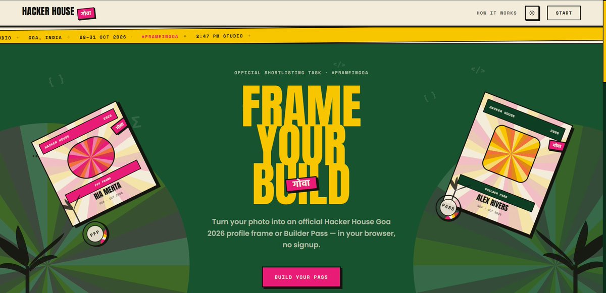 SujalVasara's tweet photo. Built our official Hacker House Goa 2026 identity!

Proud to ship this project with @22Mohil2005 

Frame your photo, customize your builder pass &amp; ship in Goa! 🌴✨

Try it here: https://t.co/3uyOfySAN1

#FrameInGoa https://t.co/XIPUzJ5a1w