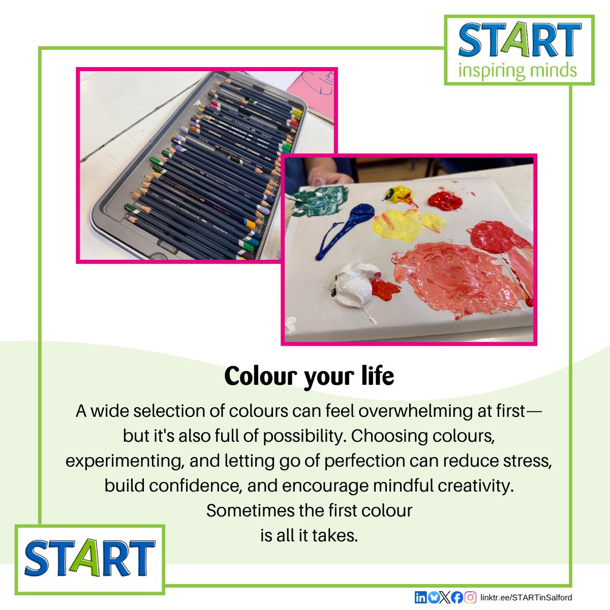 STARTinspminds's tweet photo. A wide selection of colours can feel overwhelming at first—but it's also full of possibility. Choosing colours, experimenting, and letting go of perfection can reduce stress, build confidence, and encourage mindful creativity. Sometimes the first colour is all it takes. https://t.co/zaKPBwYhAM