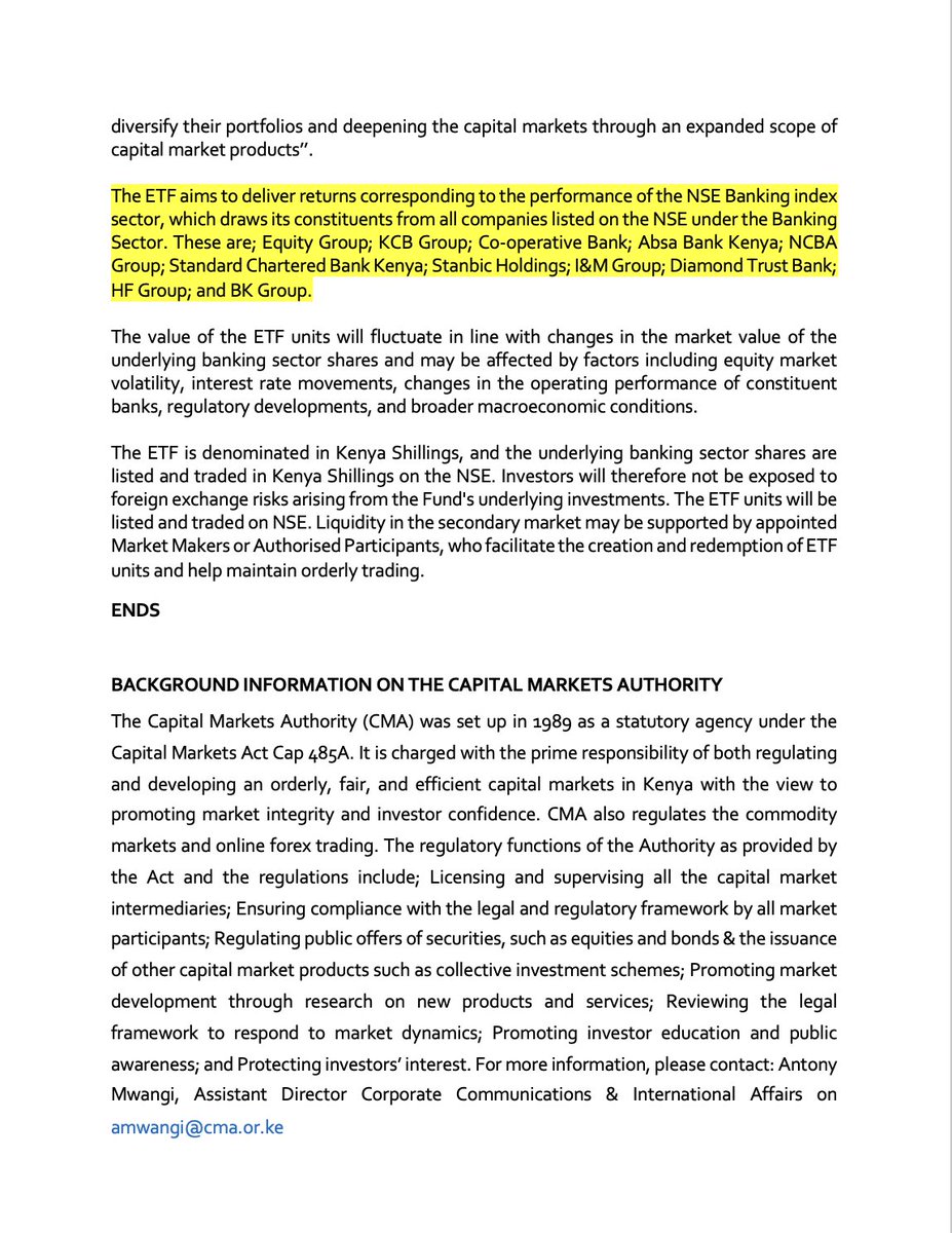 AmbokoJH's tweet photo. There's a new ETF coming to market - the WSA Banking Index ETF by @kenyanwalstreet & Tridiam Asset Managers. 

The market regulator says, "The ETF will seek to replicate, as closely as practicable, the performance of the designated NSE Banking Index by investing all its assets in the constituent banking sector shares comprising the Index".