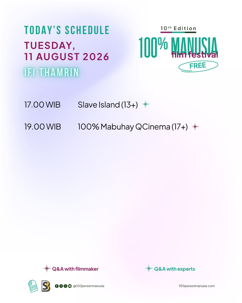 100prsenmanusia's tweet photo. Today's Schedule at #100PMFF26 in Jakarta & Bali ❤️🎬
Join us for today's screenings in Jakarta at @IFI_Indonesia @taksu.bookcafe and @balifilmschool in Bali to celebrate #ADecadeofLoveLanguage with stories from around the world. See you at the festival!
Swipe left for more info!
#100PersenManusia