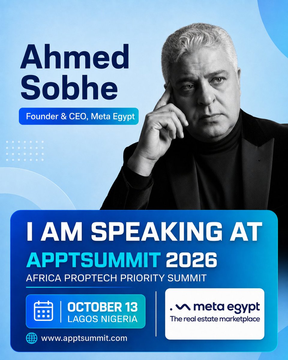 APPTSUMMIT's tweet photo. Speaker Announcement 📢

Ahmed Sobhe Founder &amp; CEO, Meta Egypt is speaking at #APPTSUMMIT2026 

Ahmed Sobhe is a software engineer, PropTech entrepreneur, and businessman currently serving as Assistant Consultant to the Minister for National Projects in Egypt.

🧵 https://t.co/tTzTV4LEi7