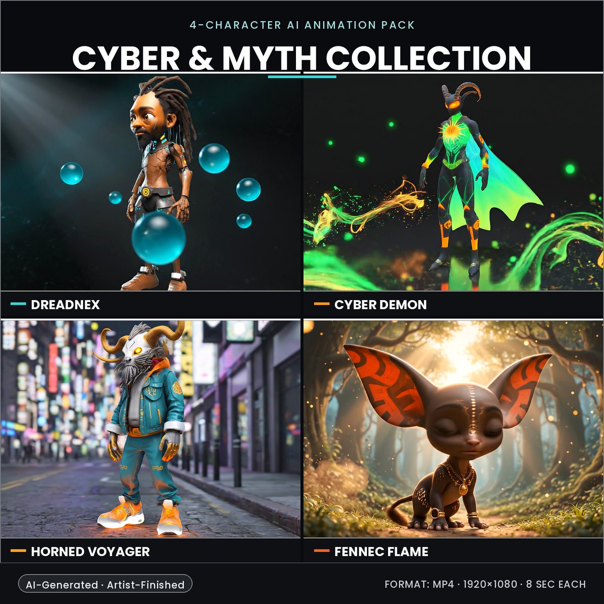 anyinfo69's tweet photo. Cyber & Myth Collection – 4 Stylized 3D AI Character Animations Bundle https://t.co/qKe0OtjFI2
#CyberAndMythCollection #3DCharacterBundle #AIGenerated #AIAnimation #CharacterDesign #CharacterPack #DigitalArt #CGI #MotionDesign #StockFootage #AIArt #GameAssets #VTuberAssets https://t.co/68UzRSvWXR
