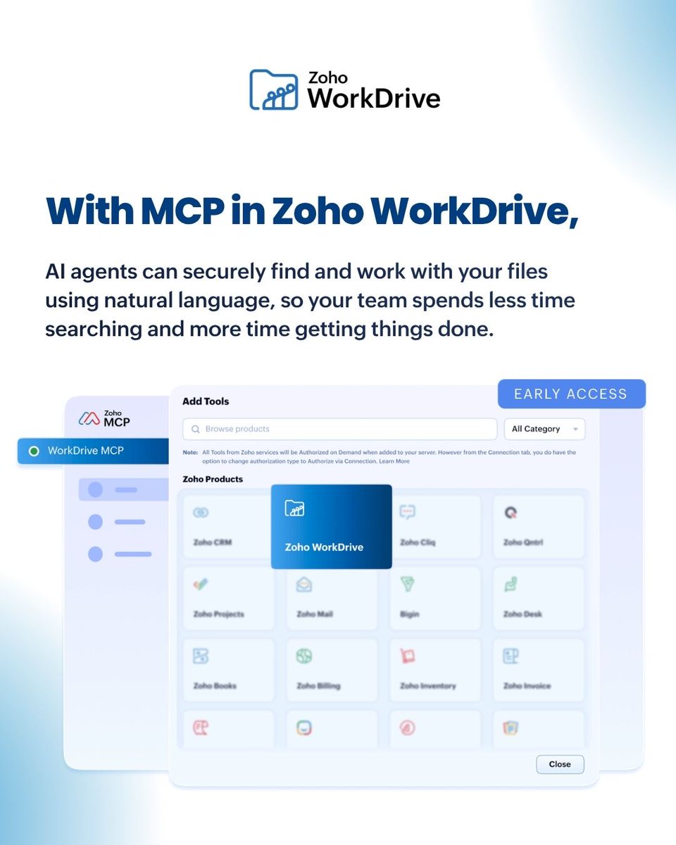 ZohoWorkDrive's tweet photo. ‌What if your AI assistant could actually get work done across your business apps? 

With #ZohoWorkDrive as a part of #ZohoMCP, you can connect your preferred AI agent with 950+ Zoho and third-party applications.

👉https://t.co/FucQvZfnde

#FutureOfWork #Productivity #Automation https://t.co/W5AohIhThf