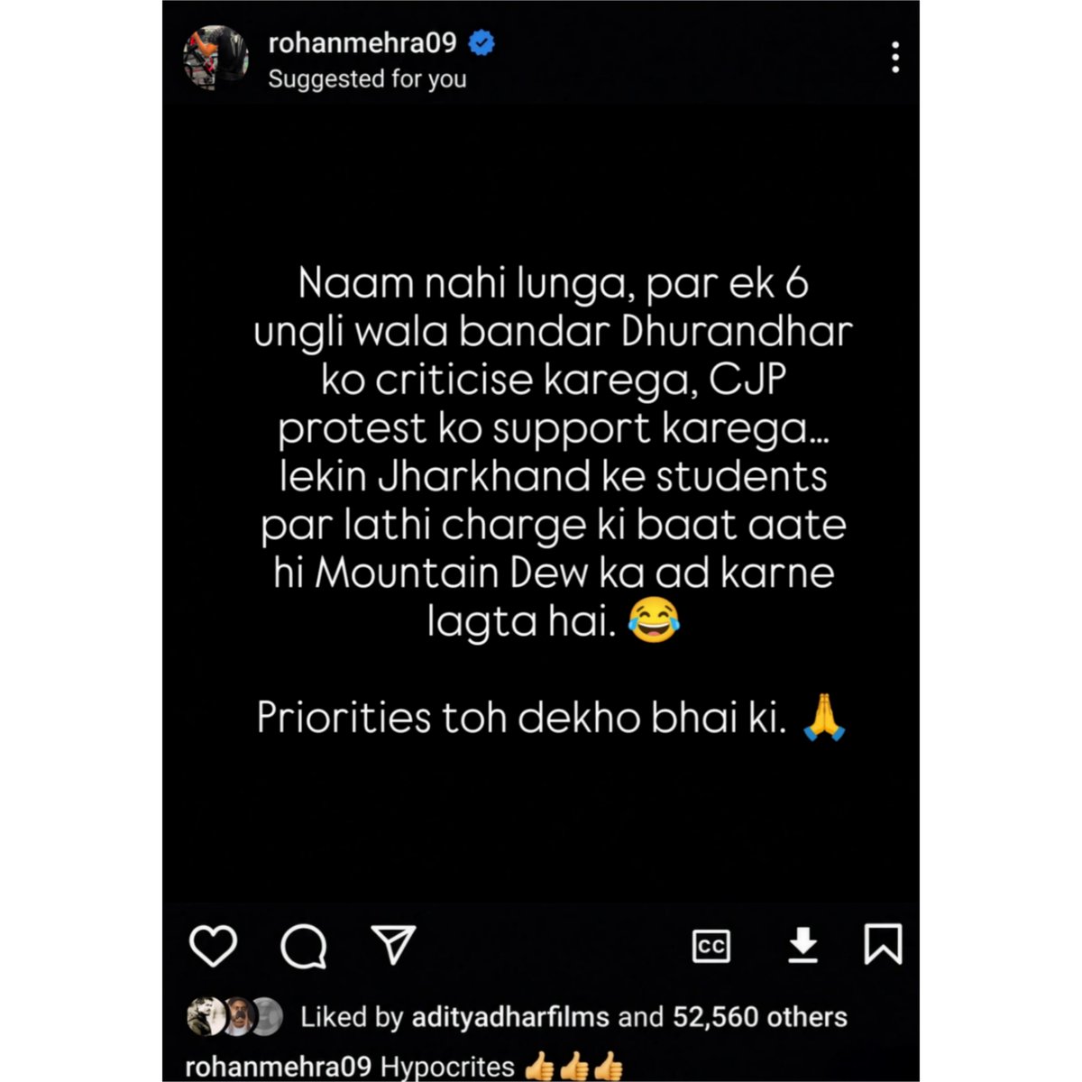 worshipVK's tweet photo. Aditya Dhar isn't in the mood to spare anyone 🚨

- Hrithik called Aditya Dhar a propagandist director
- Hrithik was quick to post about the CJP protest when it was against BJP
- But when it comes to Jharkhand students, he's nowhere to be seen
- Aditya Dhar has now liked this post 
- Looks like the entire Dhurandhar cast is slowly exposing Bollywood's hypocrisy

Now waiting for Kangana to like this one and call him out publicly 🙏
