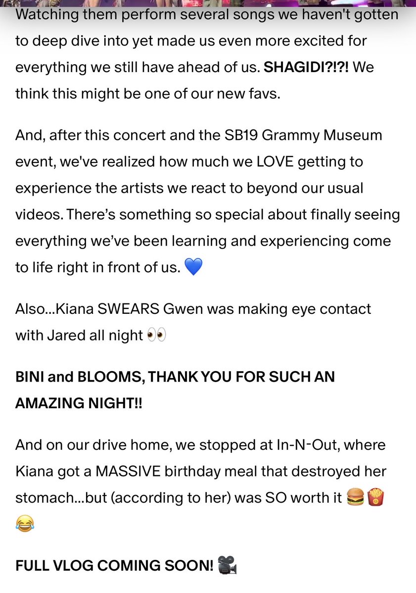 FabClare08's tweet photo. ✨AMAZING NIGHT WITH #BINI &amp; #Blooms 
-K&amp;J 

Jared immediately posted and a full vlog will be out soon! Subscribe to K&amp;J React on youtube and patreon ☺️ 

Gwenny nagselos ata si Kiana 🤣 https://t.co/bDh2xMdJP6