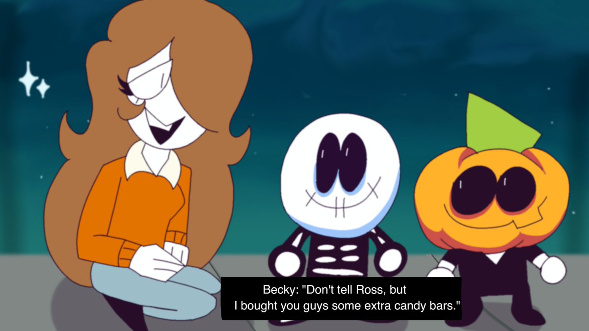 NeonX115's tweet photo. 🎃🍂Fake Spooky Month screenshot of Becky interacting with Skid and Pump!^^ 🍁 (I'm genuinely glad I felt bored enough to draw this because it came out so canon and ✨️Peak✨️) #spookymonthoc #skidandpump #fakescreenshot https://t.co/7Y64t5rBBB