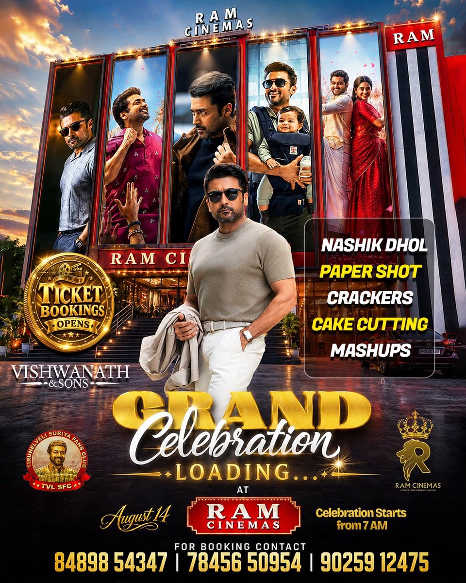 RamCinemas's tweet photo. Get Ready #TheOne @Suriya_offl Sir Fans 💥💥
Grand Celebration Loading for #VishwanathAndSons in your #RamCinemas 💥💥
Regular shows Bookings Open Soon ✨️ https://t.co/Hx44kLV4aP