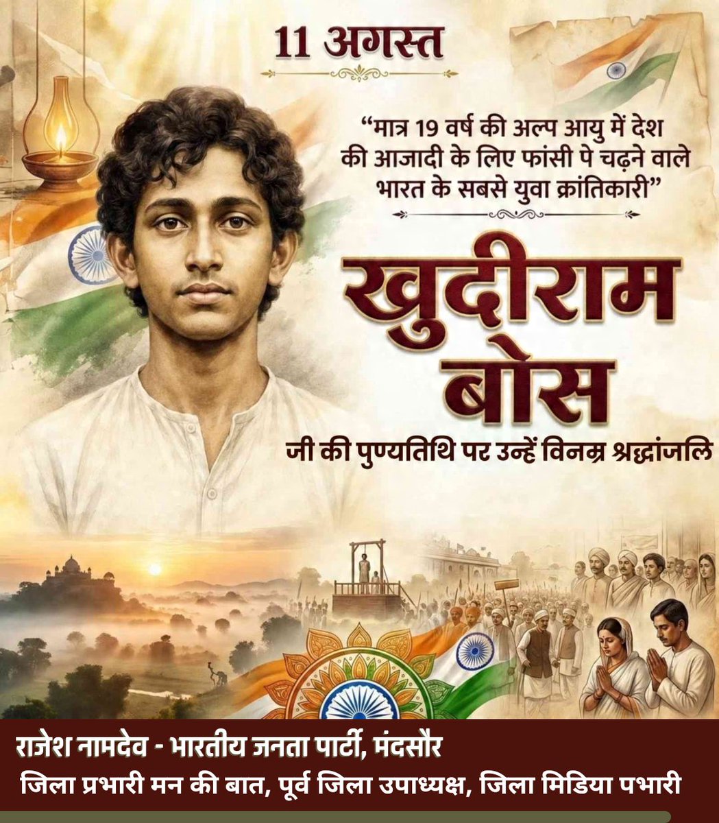 Rajeshnamdev190's tweet photo. मां भारती की स्वतंत्रता के लिए मात्र 19 वर्ष की आयु में अपने प्राणों का बलिदान देने वाले महान क्रांतिकारी एवं अमर शहीद खुदीराम बोस जी के बलिदान दिवस पर कोटि-कोटि नमन। 🇮🇳

#KhudiramBose #अमरशहीद #बलिदानदिवस #VandeMataram https://t.co/KYBocRIRom