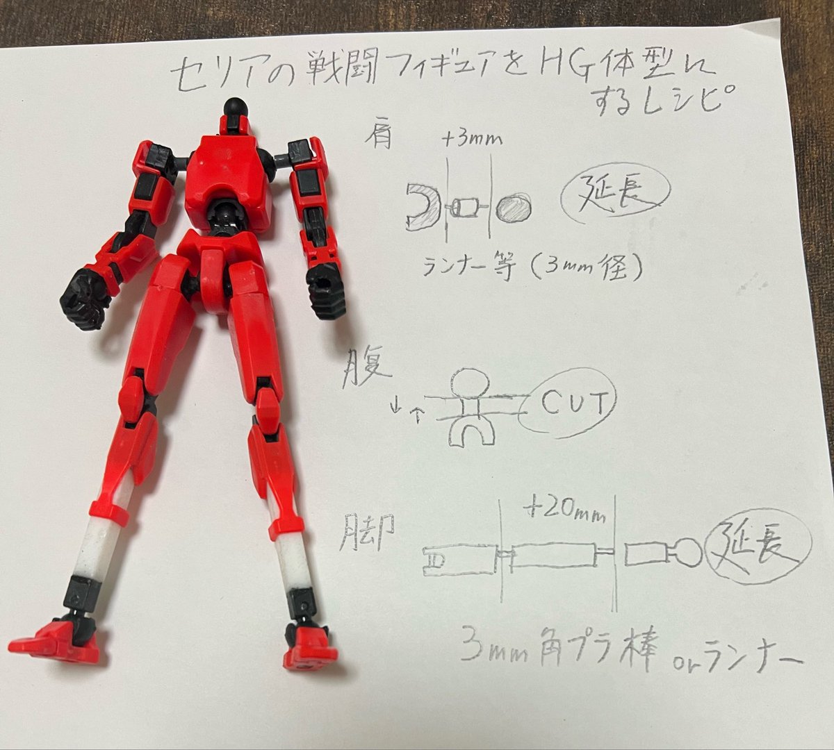 TAMY78260822's tweet photo. セリアの戦闘フィギュアをHG体型のスクラッチ素体に改造するためのレシピを纏めました。強度が極端に低下するので真鍮線必須です。
二枚目を製作した時に忘れたので自分用メモ。これであと8回遊べるドン！
#ガンプラ好きと繋がりたい
#戦闘フィギュア https://t.co/i2UADKhan8