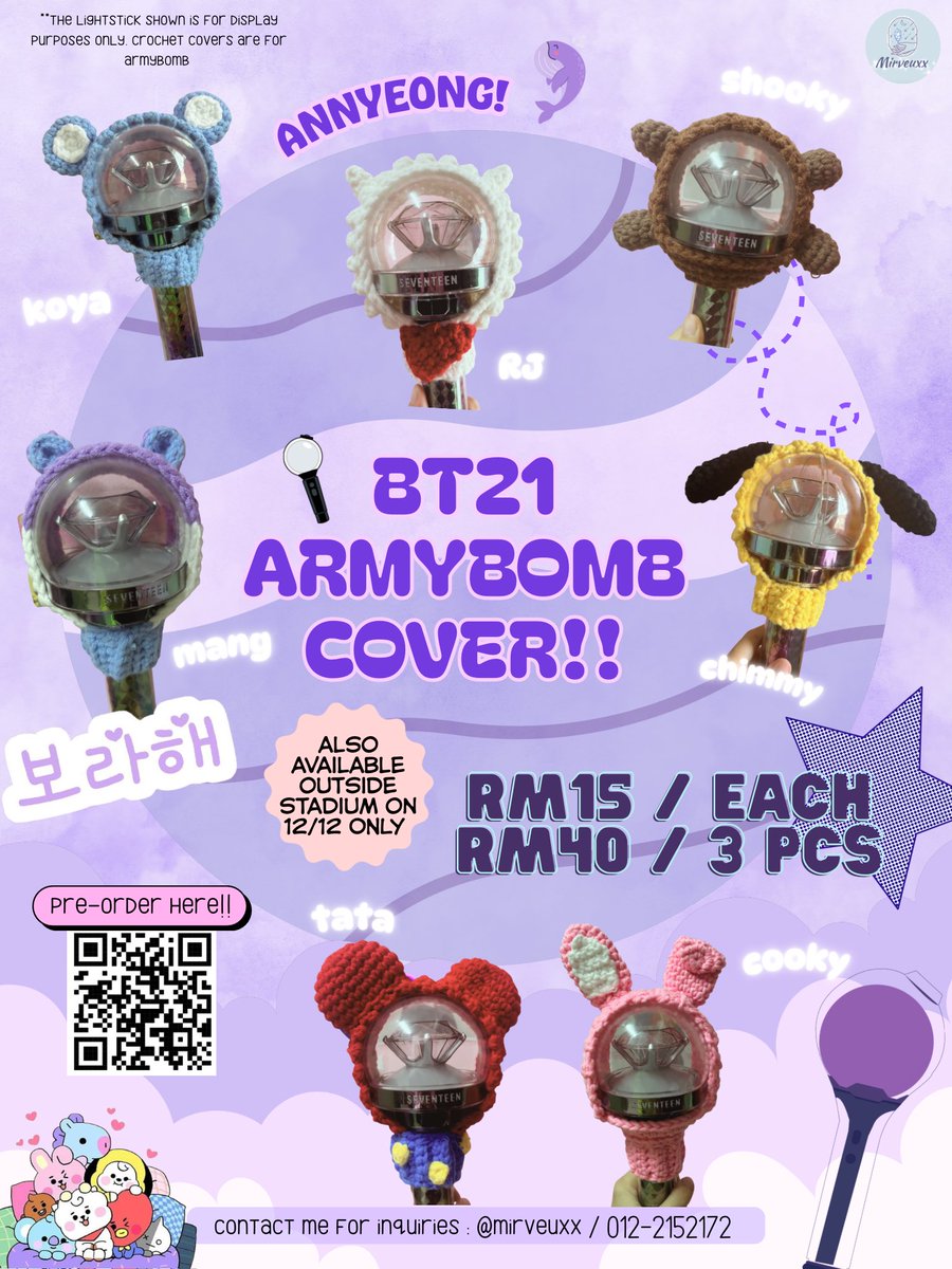 miantae21's tweet photo. hi ARMYs!! your ARMY Bomb needs a cute little outfit too!!

handmade crochet BT21 ARMY Bomb cases are now available💜

💌RM15 each
💌RM40 for 3

📋 Pre-order : https://t.co/wp6njoaCPp

no worries! I’ll also be selling them outside the stadium on concert day💜✨ https://t.co/izeTJNHggY
