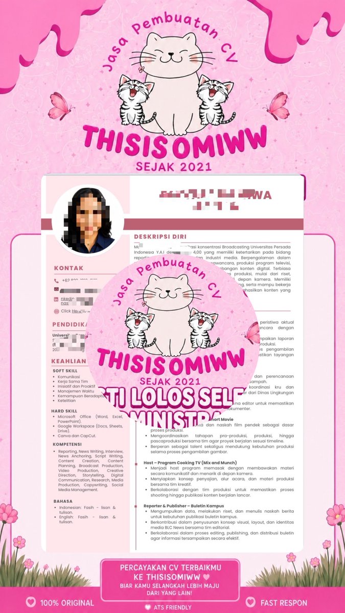 BackupOmiw's tweet photo. @nutaellawrr formatting aj bisa kok kak sama kak miw https://t.co/R9C4bapuhu

ATS bisa, Creative juga bisa, isi full dari kkak amannn, + nya bisa konsul karir free https://t.co/0aZ3yXXj0x