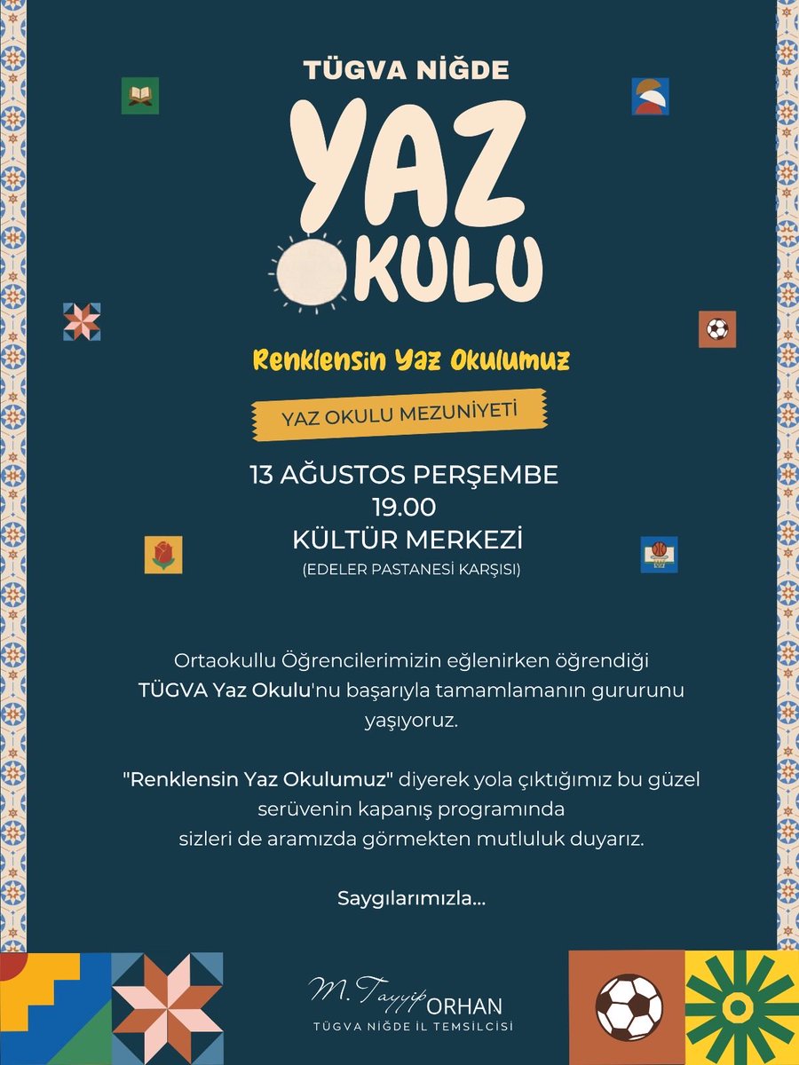 tugvanigde's tweet photo. 🎉 TÜGVA Niğde Yaz Okulu mezuniyet coşkusu başlıyor! 🥳

"Renklensin Yaz Okulumuz" diyerek çıktığımız bu güzel yolda, ortaokullu kardeşlerimizin eğlenerek öğrendiği bu unutulmaz serüvenin kapanış programına davetlisiniz. 🎓

Tüm halkımız ve misafirlerimiz davetlidir. https://t.co/HZLuGGRCIc