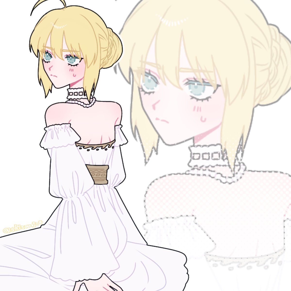 shisou104's tweet photo. 衣装捏造アルトリア描いた https://t.co/NcxndIYeFd