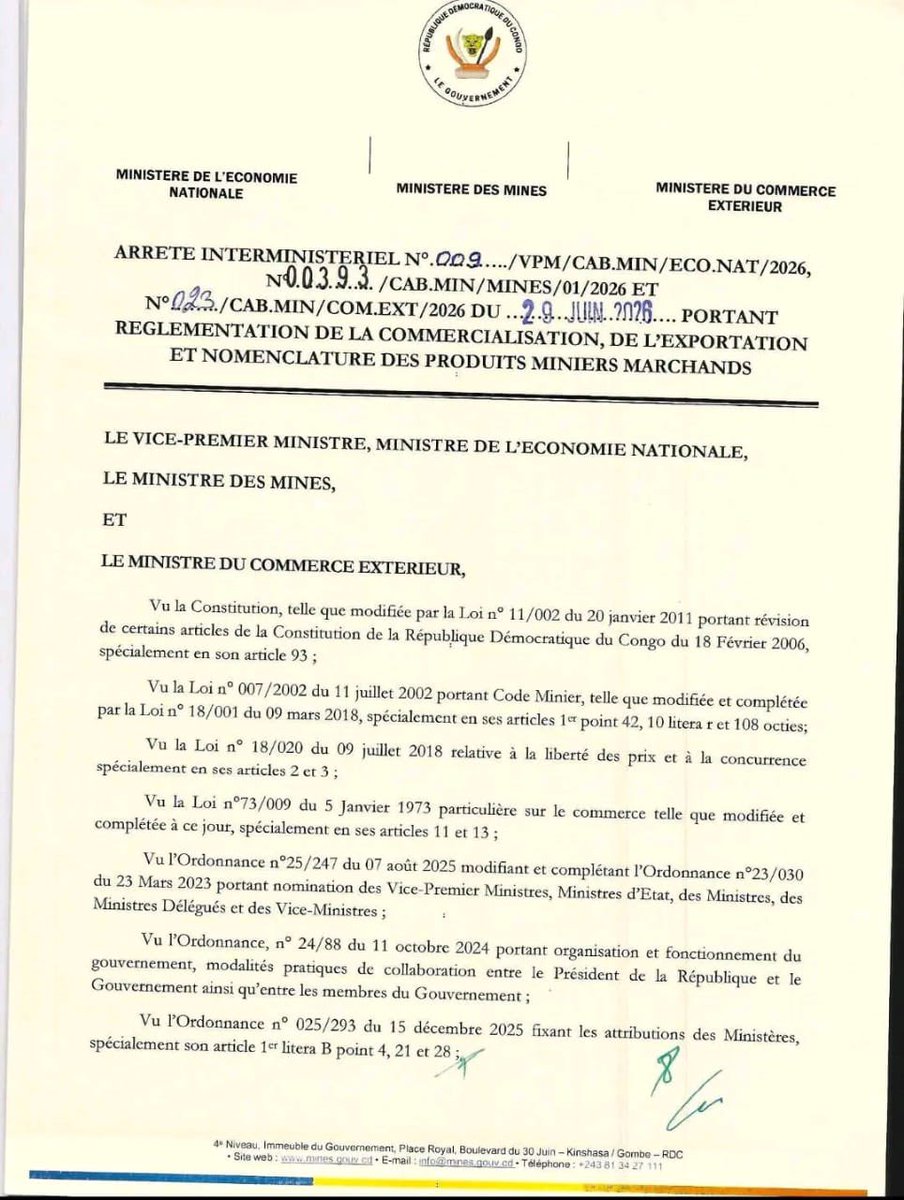 kakese_leon's tweet photo. #RDC Le Vice‑Premier Ministre et Ministre de l’Économie nationale @DMukokoSamba, le Ministre des Mines, ainsi que Julien Paluku, Ministre du Commerce extérieur, ont pris, le 29 juin 2026, un arrêté interministériel encadrant la commercialisation, l’exportation et la classification des produits miniers marchands.