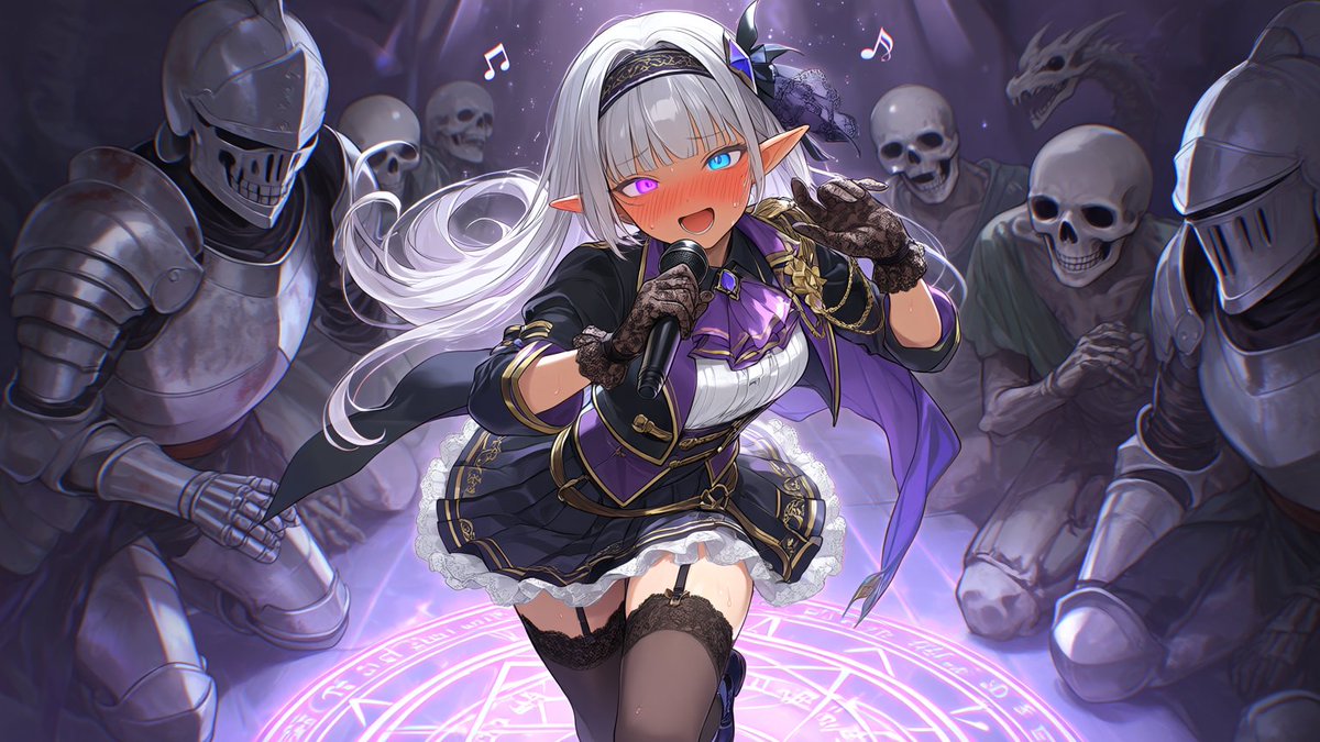 morisova000's tweet photo. 闇精霊魔法とネクロマンサーの適性が高かったもんだから闇のマジカルアイドルでデビューさせられちゃったエルフちゃん。
冒険者ランキングトップ８、八傑衆の四席の実力者。
ステージ衣装は、刺繍が得意な鎧さんのお手製。
生きてる友達募集中。

#AIイラスト
#PixAI https://t.co/DMfRC7h6xQ