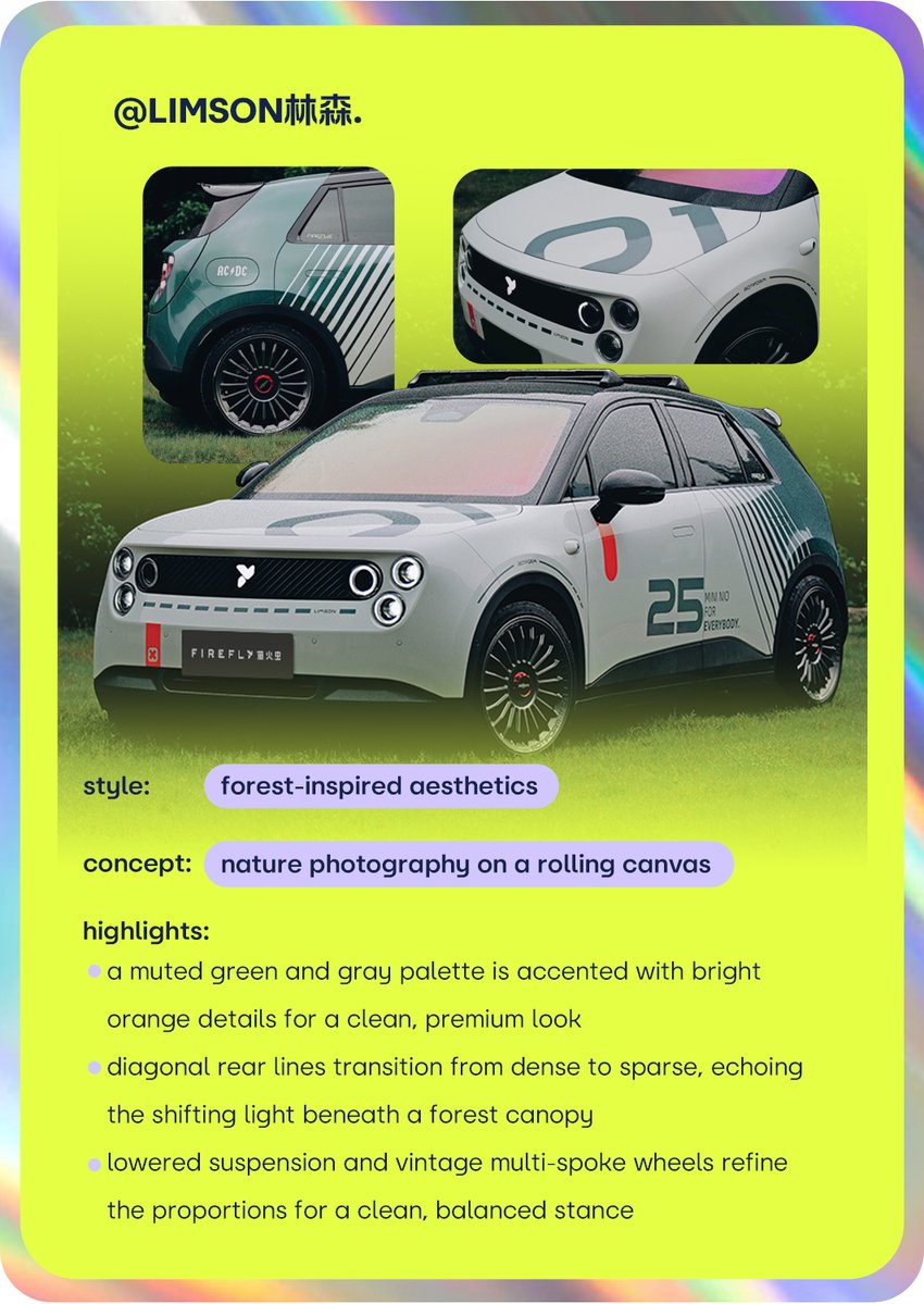 WilliamLiNIO's tweet photo. firefly's multiverse | forest motion✨

Welcome to episode 26 of firefly's multiverse. Today's pick: forest motion, created by LIMSON from Taizhou, Zhejiang.

After his Rothmans-inspired firefly went viral, he's kept exploring what's possible with a small car. This time, he came up with something completely different.

The car pairs Eucalyptus Blue with Brooklyn Gray, with flowing diagonal stripes that mimic the light and shadows you'd see in a forest. This also helps give the car a more balanced look. The overall design keeps things simple, with no unnecessary details. Clean, timeless, and very much his own.

From day one, firefly was never meant to be just a way to get from A to B. It's a canvas for users to express their unique ideas and tell their own stories. So far, we've received 51,000+ user ideas, and I'll keep sharing some of the most inspiring ones here.

Freedom to glow!✨
Let's Power Up! Let's Jiadian!⚡
#NIO #firefly #freedomtoglow #BlueSkyComing #carmodification