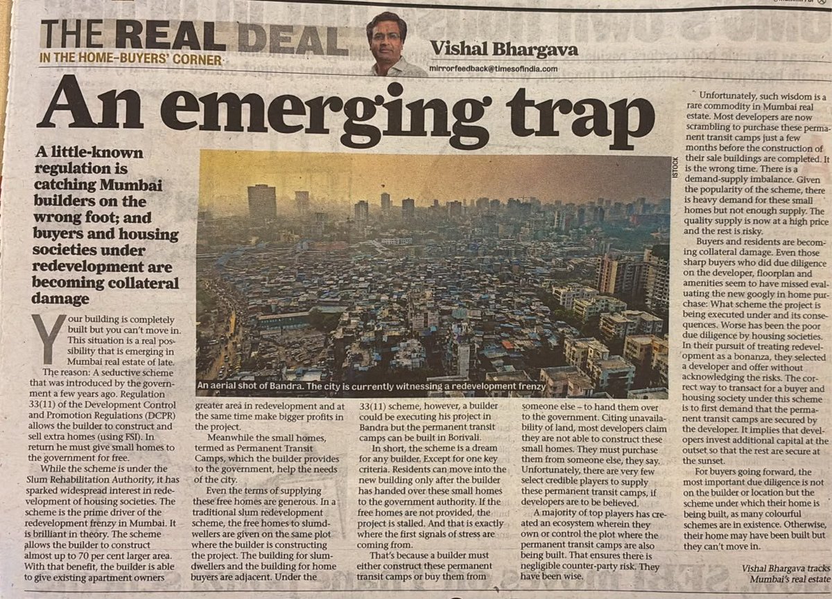 VishalBhargava5's tweet photo. What's driving the frenzy in Mumbai Redevelopment? A scheme 33(11) which allows for higher FSI. 
Builders can make more profits and societies get better offers. 
But for the extra FSI: Builders need to give small homes to government for free. If you fail, no OC for project https://t.co/msaTWUKoJ8
