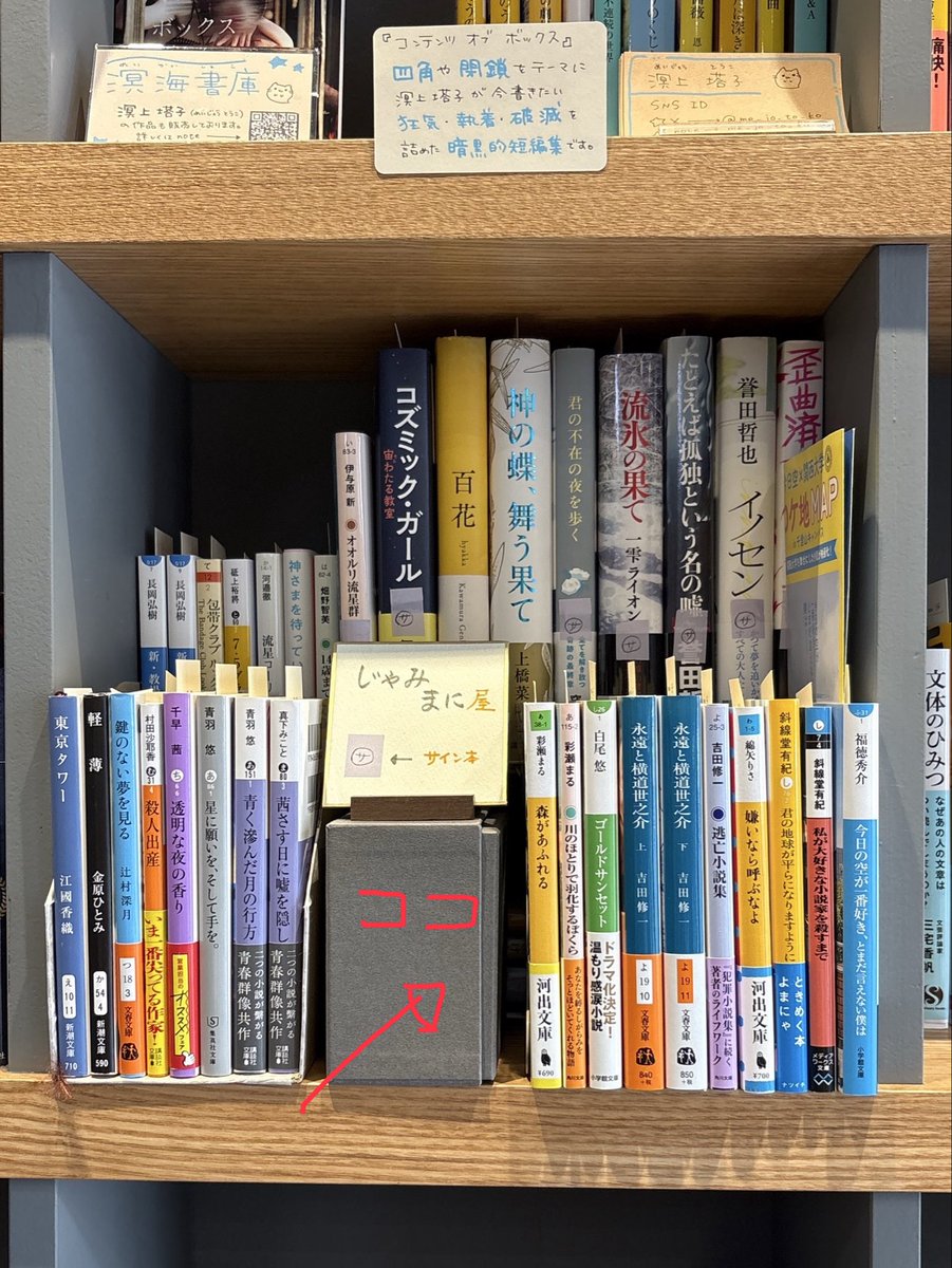 MaybeSuzuki's tweet photo. はい、行って来ました〜♪

前回、前々回のブックフェアの、生き残り？まとめて下さっていたので、今日の5冊を、アアしてコウして…屋号の台が収まらず、ヨコをタテに…。

最新形です。
実際の展開を見て、現ブックフェア⬇️のイメージ湧きましたので、2冊ほど次回。
#シェア型書店
#HONBAKO北堀江 https://t.co/ePgQJ1l6pZ