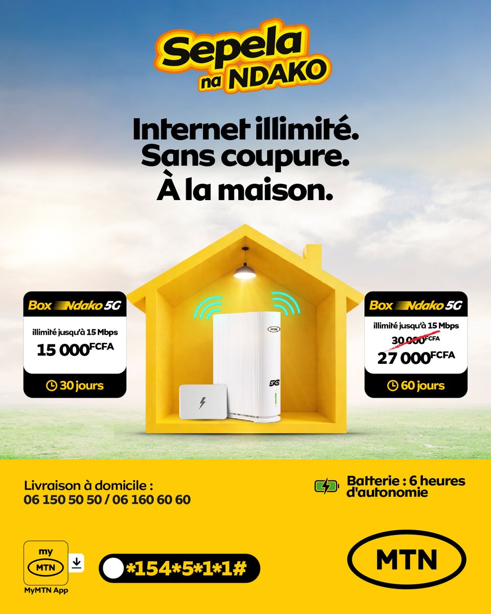 MTN_123's tweet photo. Les vacances, c’est aussi le moment de rester connecté.

Avec la Box Ndako 5G, profitez d’une connexion illimitée à la maison, avec jusqu’à 6h d’autonomie.

📲 Commandez via MyMTN ou au 06 150 50 50.

#alorsonfaitquoiaujourdhui https://t.co/t7Taz32hY7