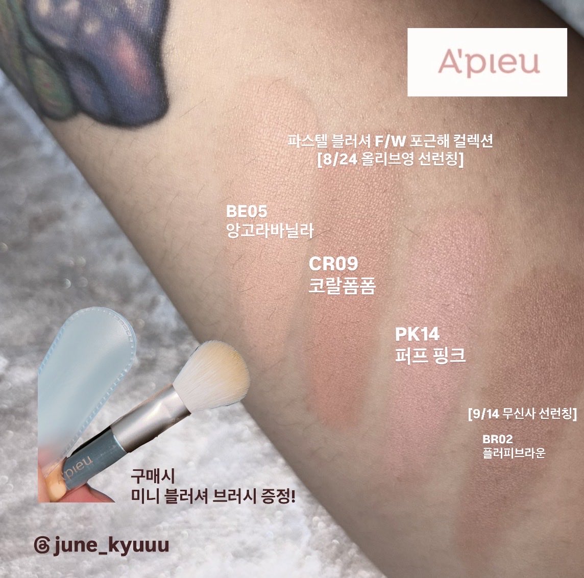 june_kyuuu's tweet photo. @Apieu_official #협찬

보드랍고 발색 좋고 질감 좋아서
감탄하면서 발색했어요..

8월24일 메모합시다. 
블러셔 맛집 어퓨 포근해 컬렉션
올리브영에서 선런칭해요-!

신규 3컬러 구매하면 미니 브러쉬도
증정되는데 8/30~9/5까지 
6천원대에 살 수 있다는게 대박..

(굽굽 아랑단은 9/14 무신사로!) https://t.co/6WRVyM9i2D