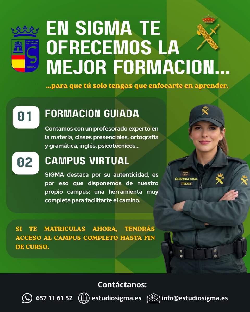 EstudiosSigma's tweet photo. En SIGMA te ofrecemos la mejor formación, para que solo tengas que enfocarte en aprender💚
Recordad que en octubre comenzamos el nuevo curso de la promoción 133ª de GC.
#oposiciones #estudiosigma #valladolid #guardiacivil #campusvirtual https://t.co/N7XDzcGyDW