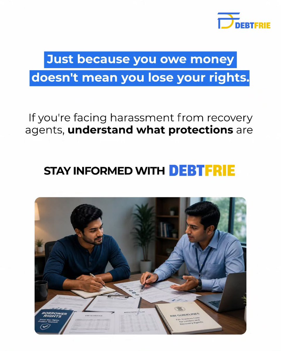 Debtfrie's tweet photo. Missing a payment does not mean giving up your rights. A lot of borrowers assume recovery agents can say, do or demand whatever they want once repayments become difficult. That simply isn't true. Stay informed, know your rights, talk to DebtFrie https://t.co/KUGFHNMANP